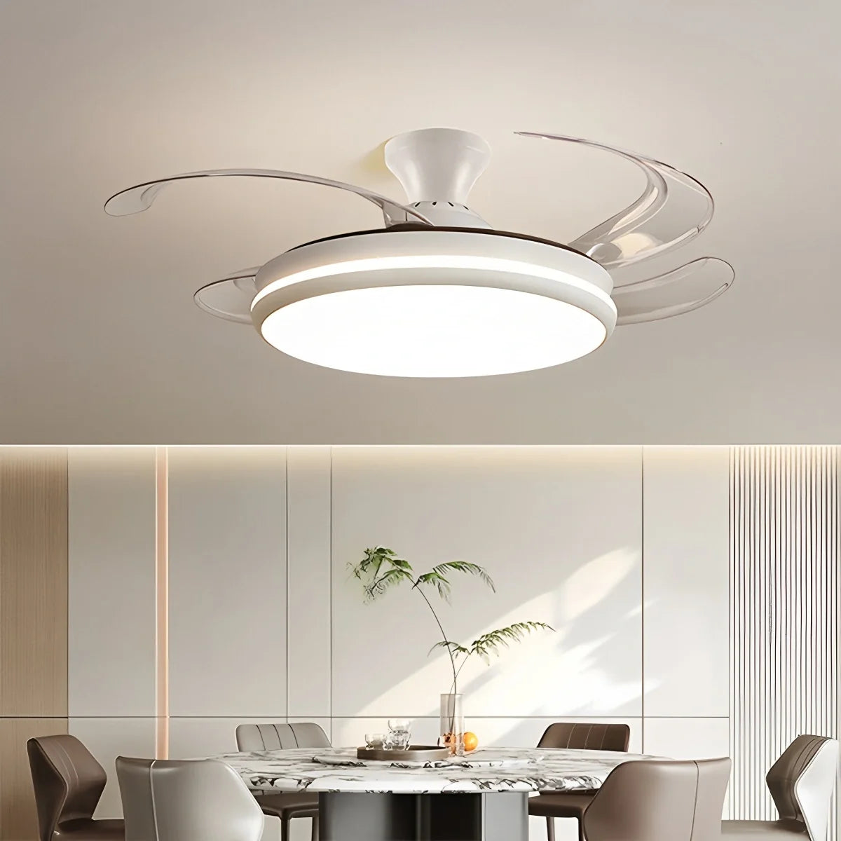 Modern Remote Ceiling Fan Light with Clear Retractable Blades