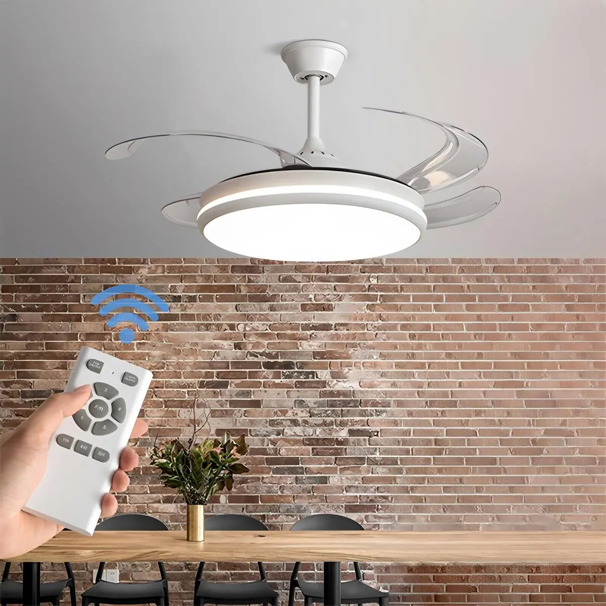 Modern Remote Ceiling Fan Light with Clear Retractable Blades
