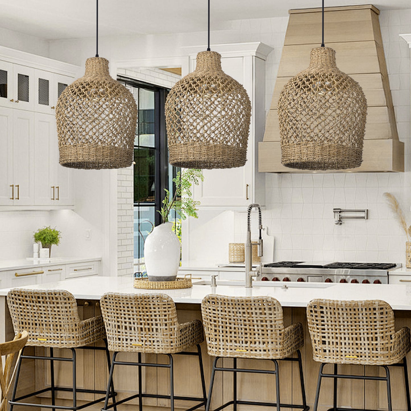 Bohemian style Straw rope hollow pendant light