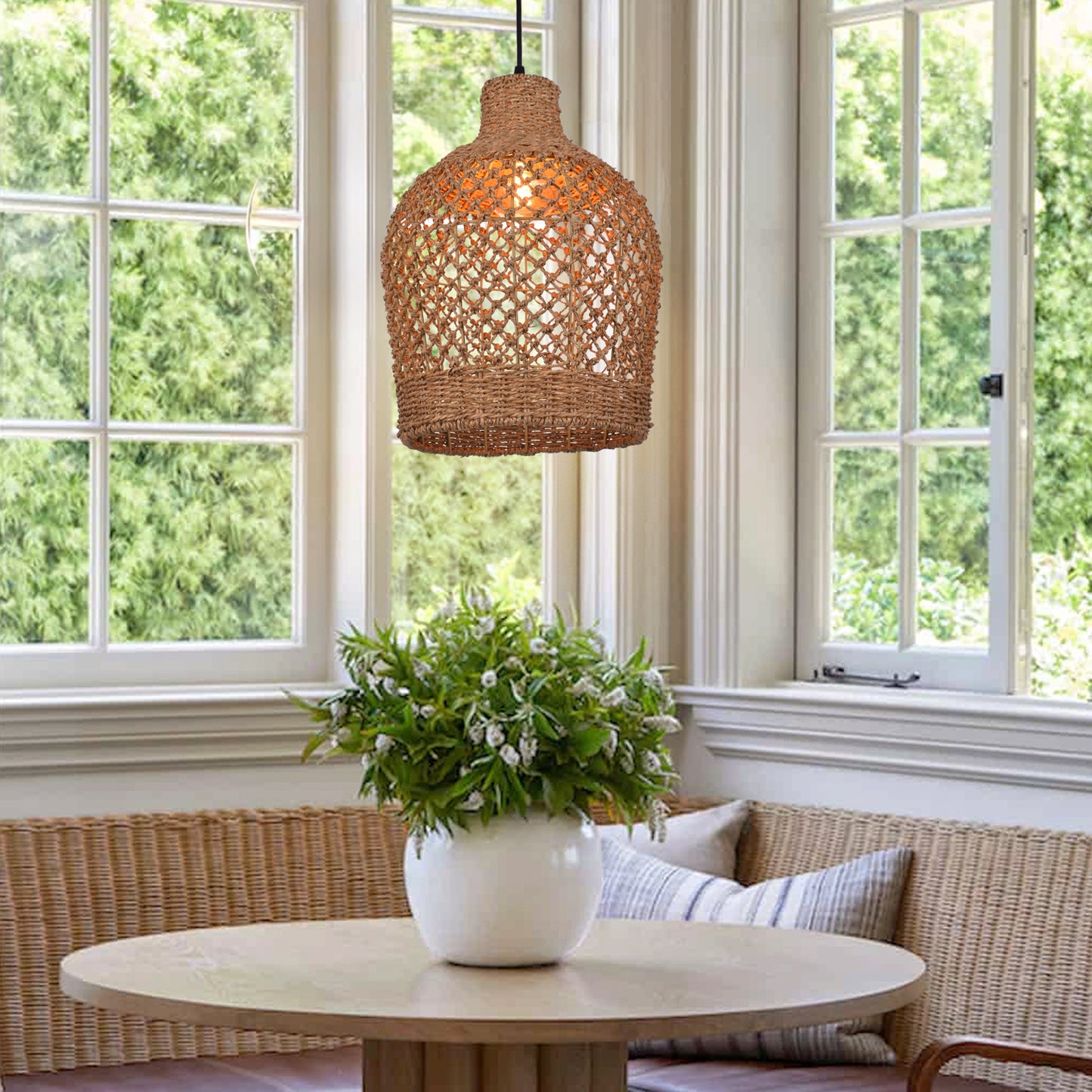 Bohemian style Straw rope hollow pendant light