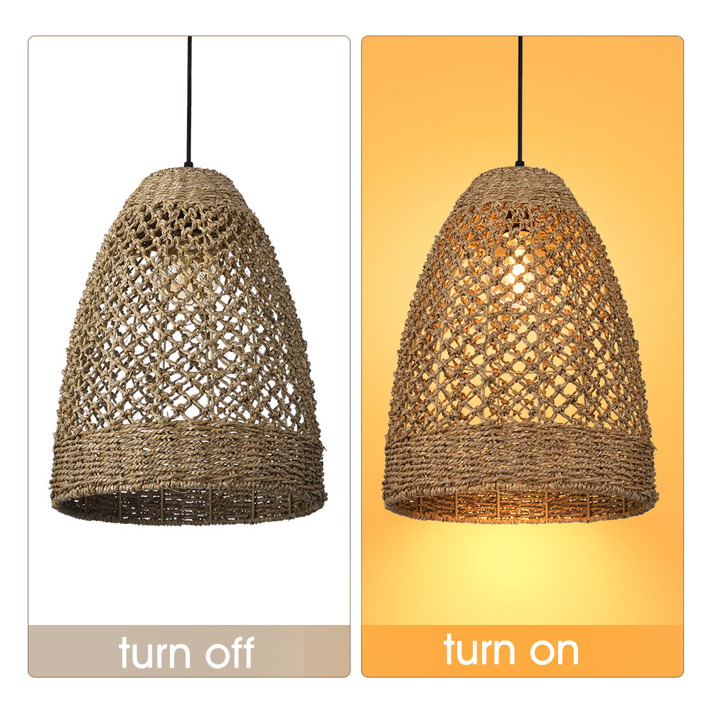 Farmhouse Coastal Boho Hanging Lamp with Handwoven Rattan Woven Pendant Light