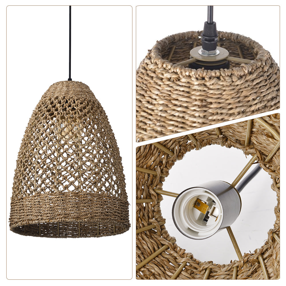 Farmhouse Coastal Boho Hanging Lamp with Handwoven Rattan Woven Pendant Light