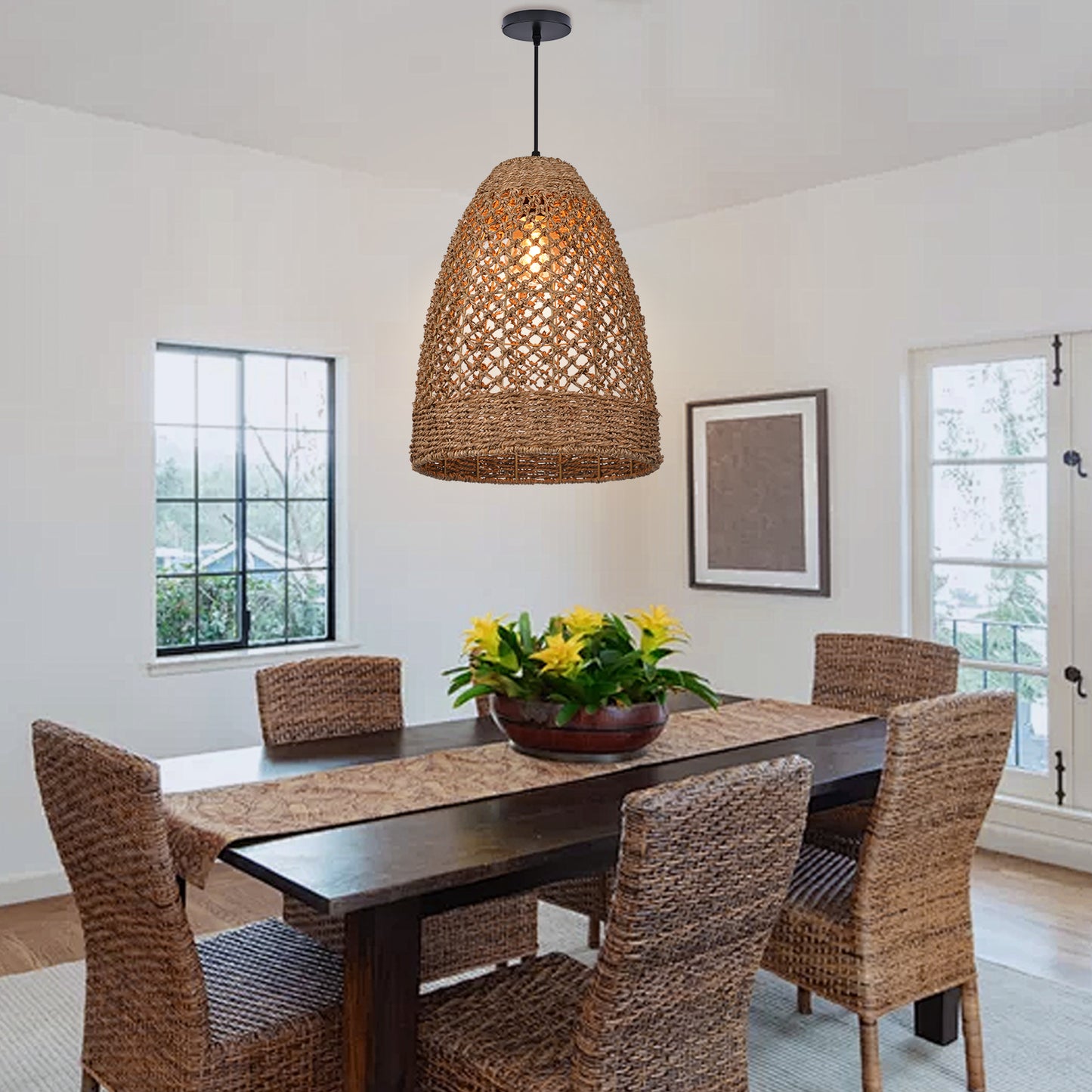 Farmhouse Coastal Boho Hanging Lamp with Handwoven Rattan Woven Pendant Light