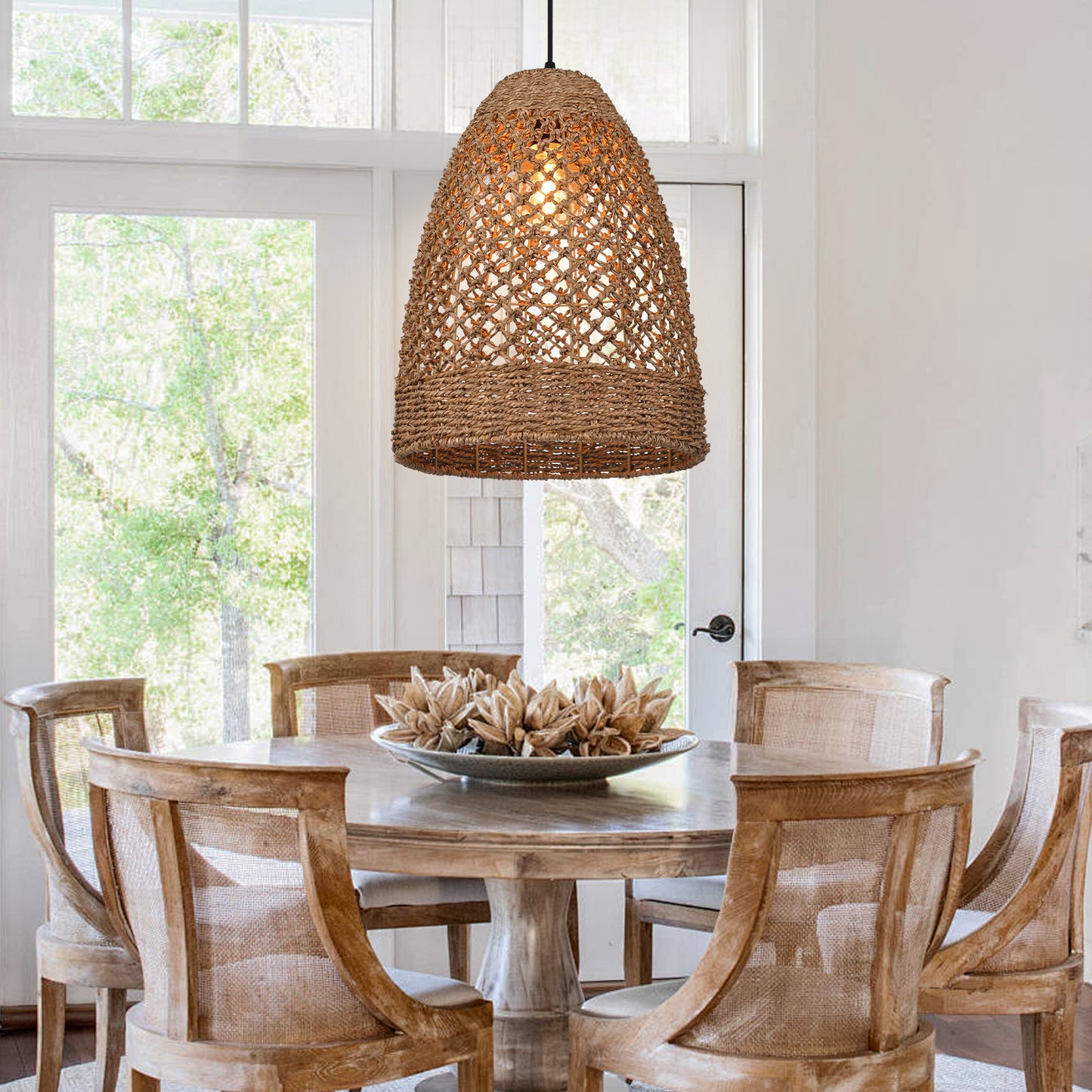 Farmhouse Coastal Boho Hanging Lamp with Handwoven Rattan Woven Pendant Light