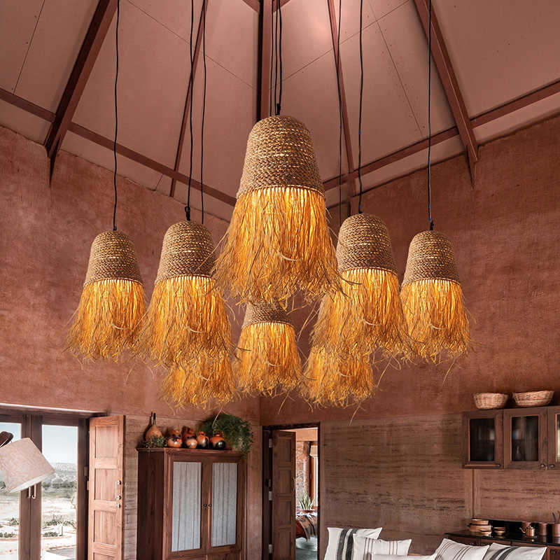 Pastoral style creative raffia straw hanging light shade