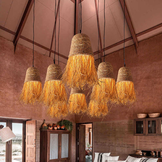 Pastoral style creative raffia straw hanging light shade