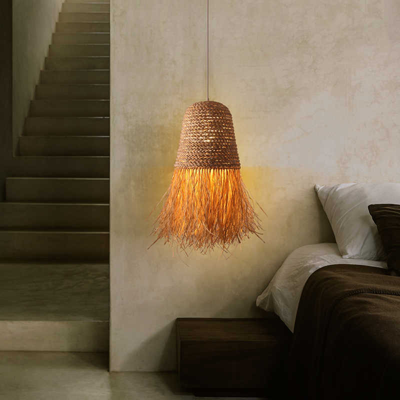 Pastoral style creative raffia straw hanging light shade