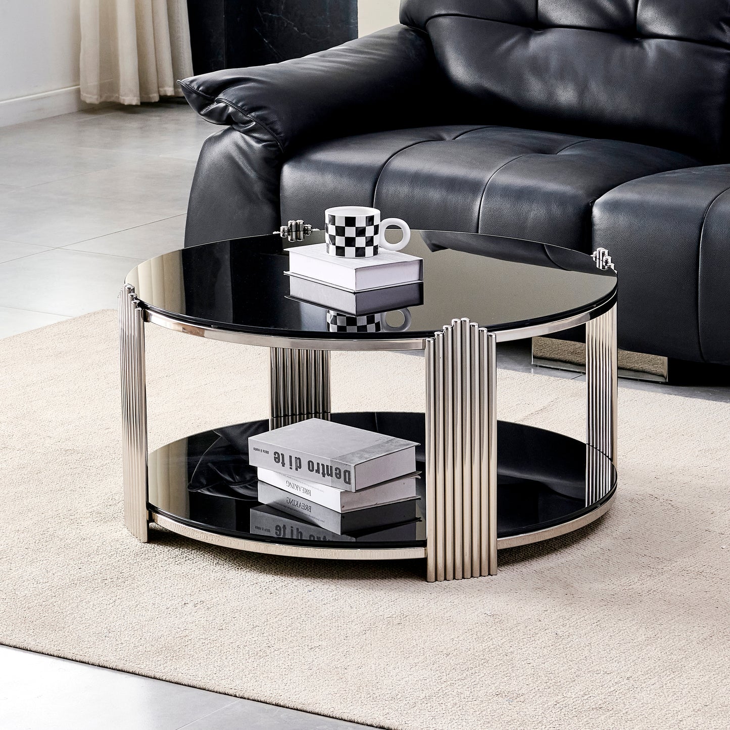 The Eclipse — 35" Round Black Tempered Glass Coffee Table