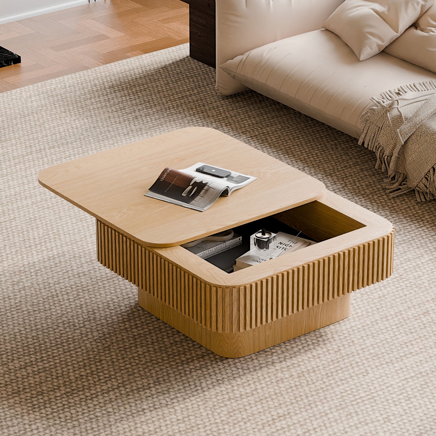 31.5" Square Wood Veneer Coffee Table with Hidden Storage
