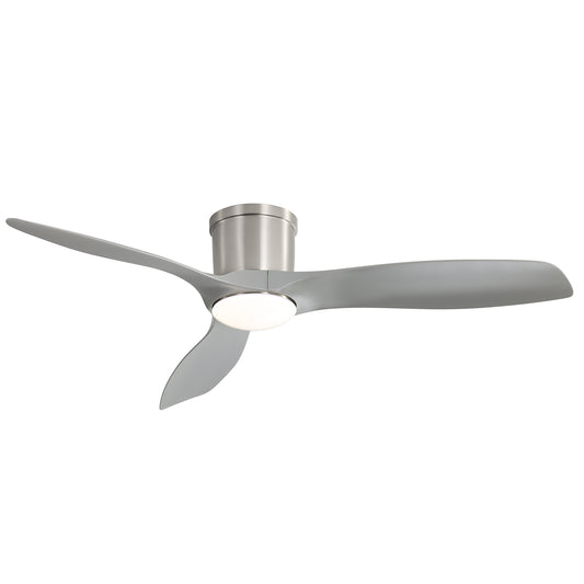 52" Flush Mount Ceiling Fan Light — Brushed Nickel, Gray ABS Blades, Dimmable LED