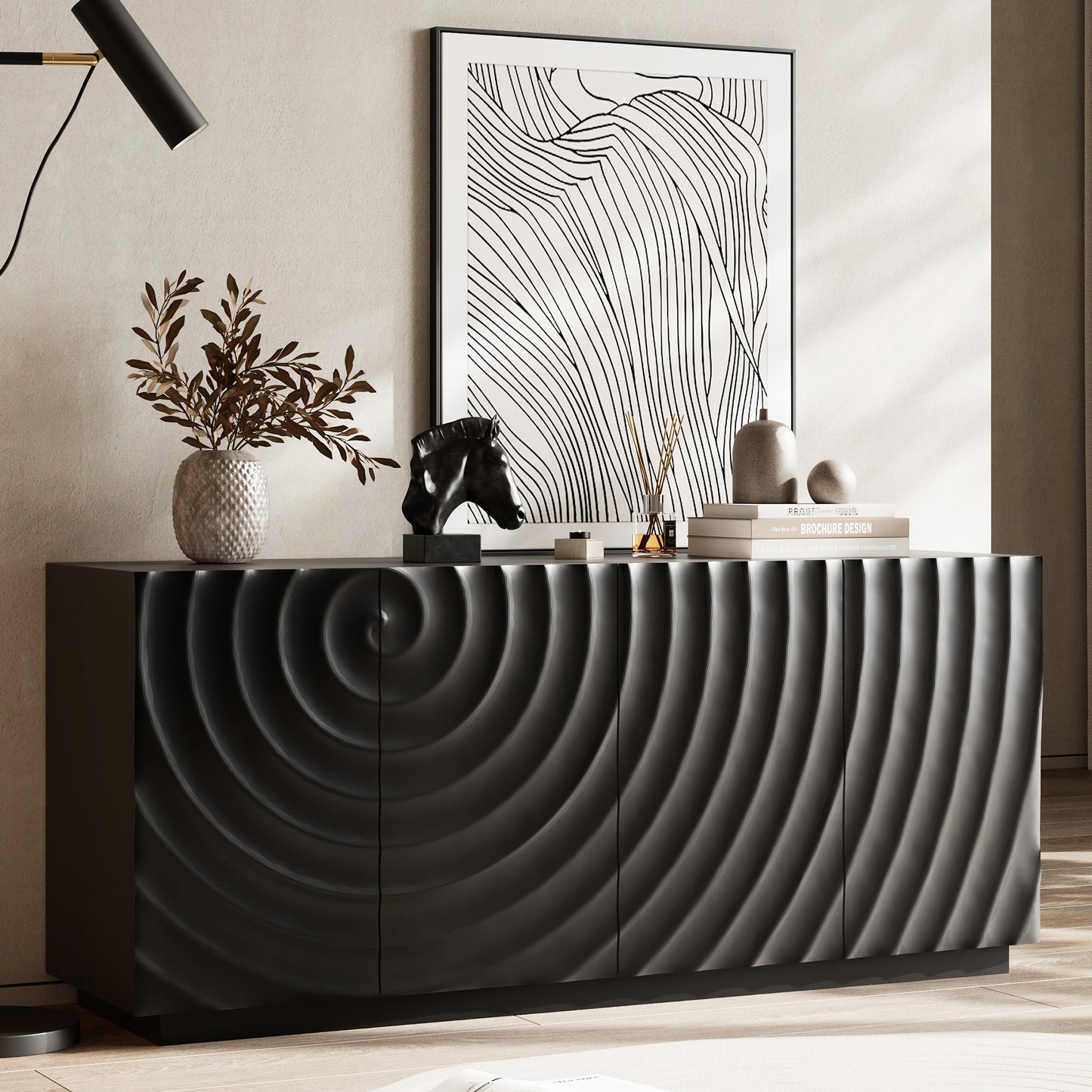 The Wave Sideboard — Black Textured Buffet Cabinet