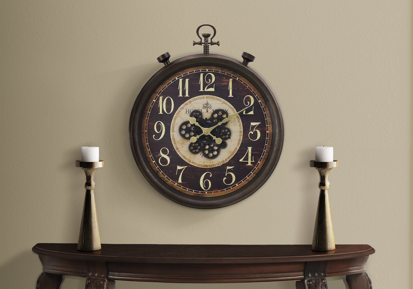 24" Round Gear Mechanism Wall Clock – Brown Industrial Pocket Watch Style