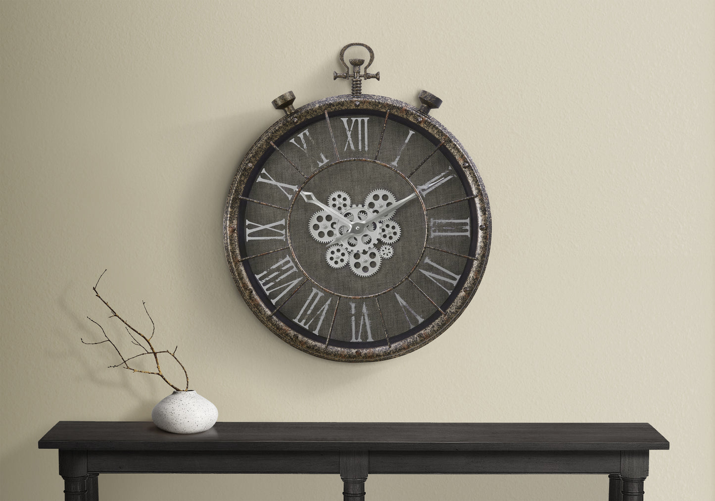 24" Round Gear Mechanism Wall Clock | Grey Transitional