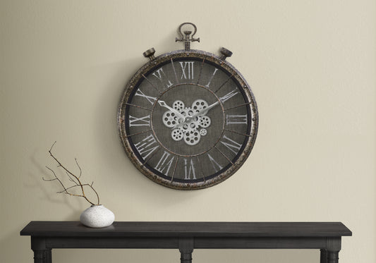 24" Round Gear Mechanism Wall Clock | Grey Transitional