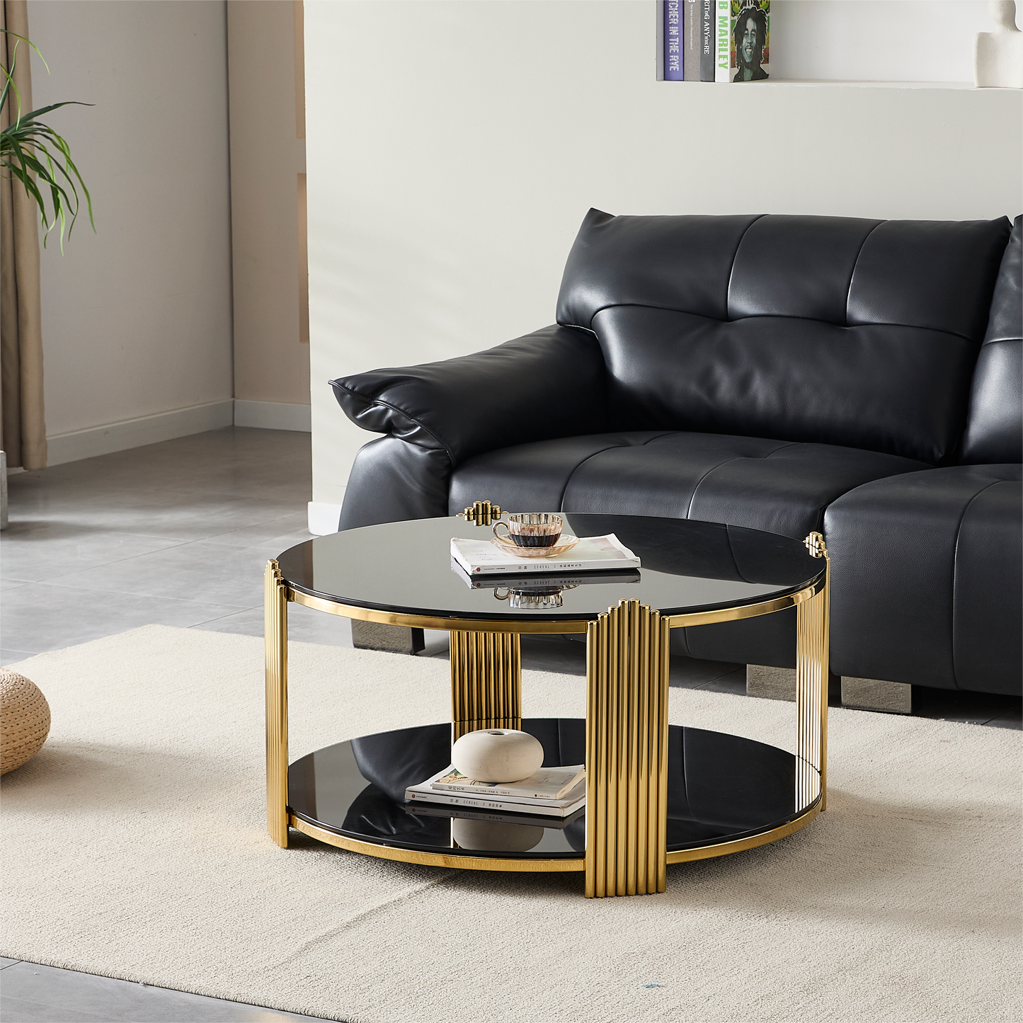 The Eclipse — 35" Round Black Tempered Glass Coffee Table
