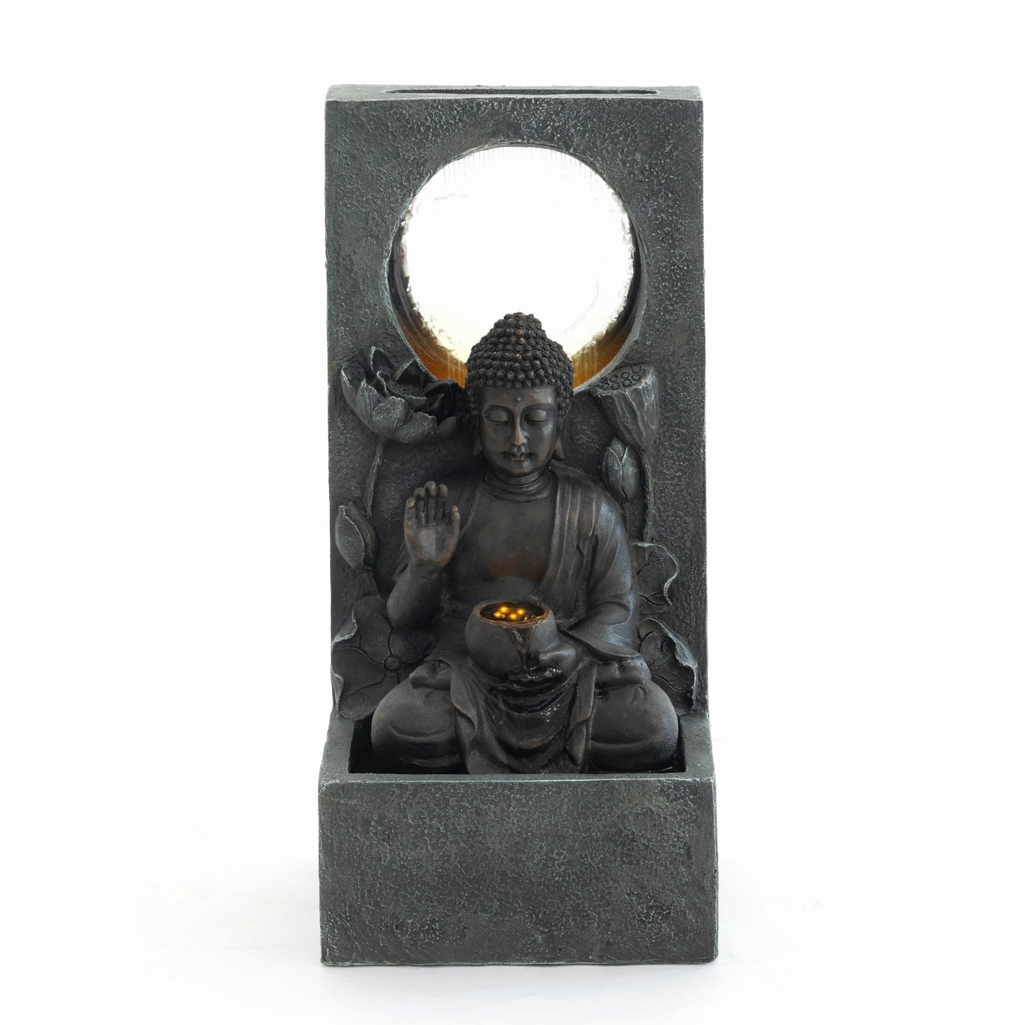 Buddha Waterfall Fountain 28 Inch | Outdoor LED Garden Fountain with Pump
