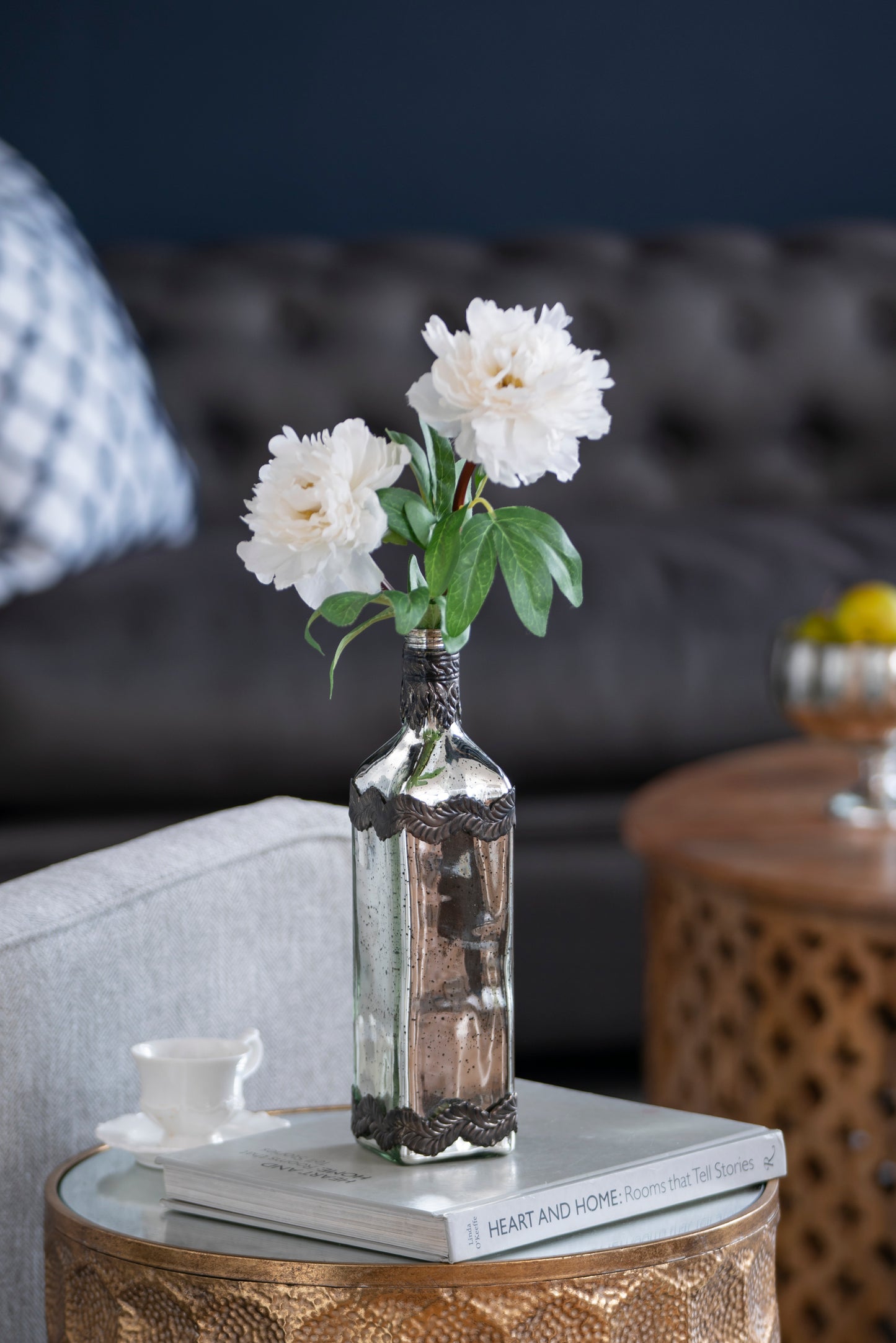 Antique Silver Glass Bottle Vase 12 Inch | Bronze Leaf Accents