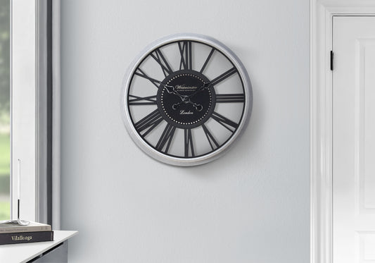 Roman Skeleton Wall Clock — 20" Black & Silver
