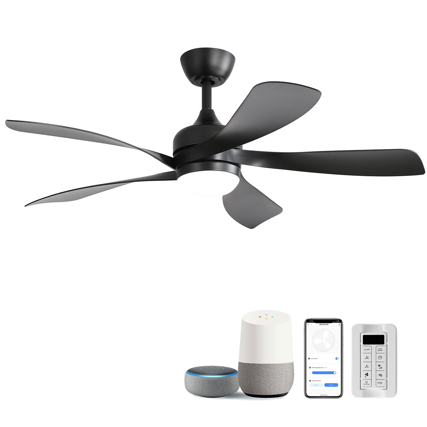 45" Smart Ceiling Fan Light — Matte Black, App Control, Dimmable LED