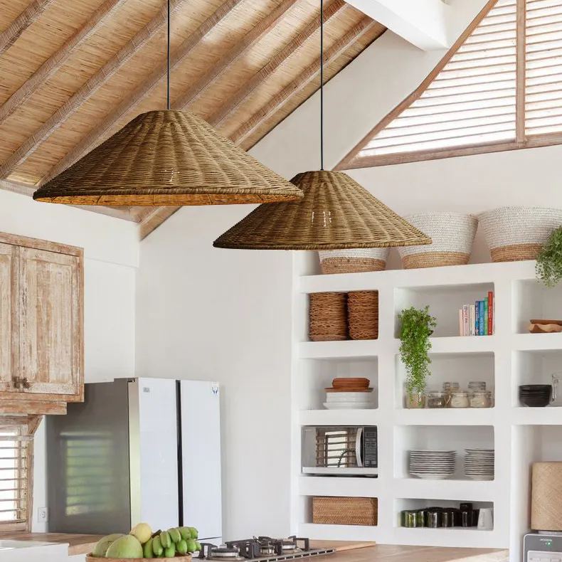Retro Woven Rattan Cone Umbrella Rattan Pendant Light