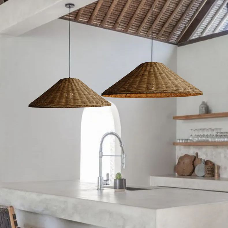 Retro Woven Rattan Cone Umbrella Rattan Pendant Light