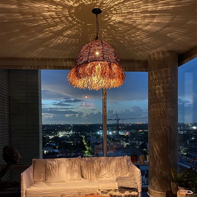 Pastoral style creative raffia straw hanging light shade