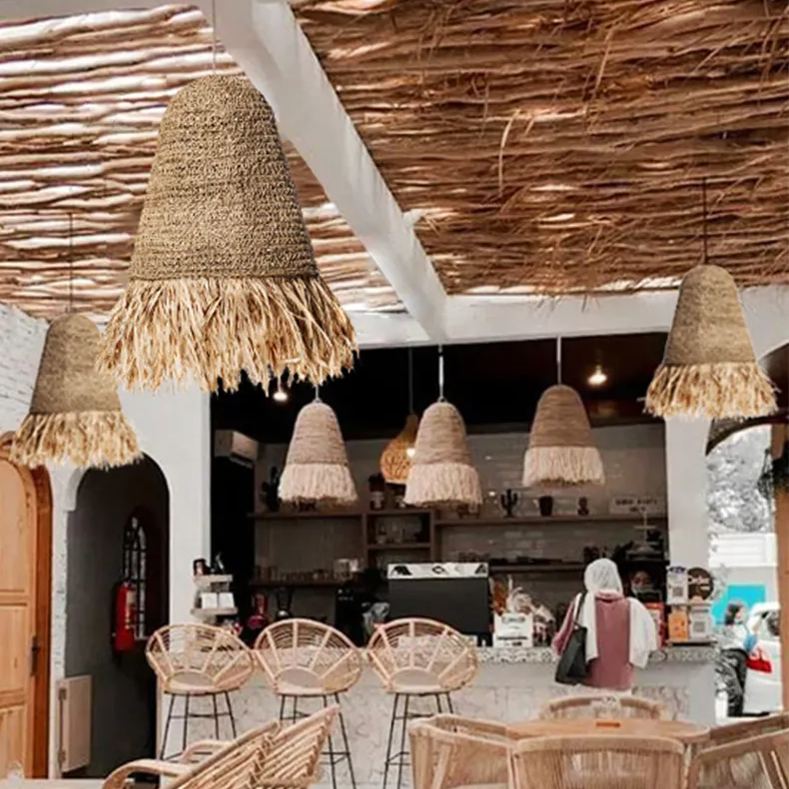 Pastoral style creative raffia straw hanging light shade