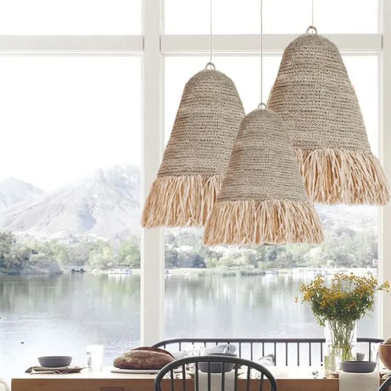 Pastoral style creative raffia straw hanging light shade