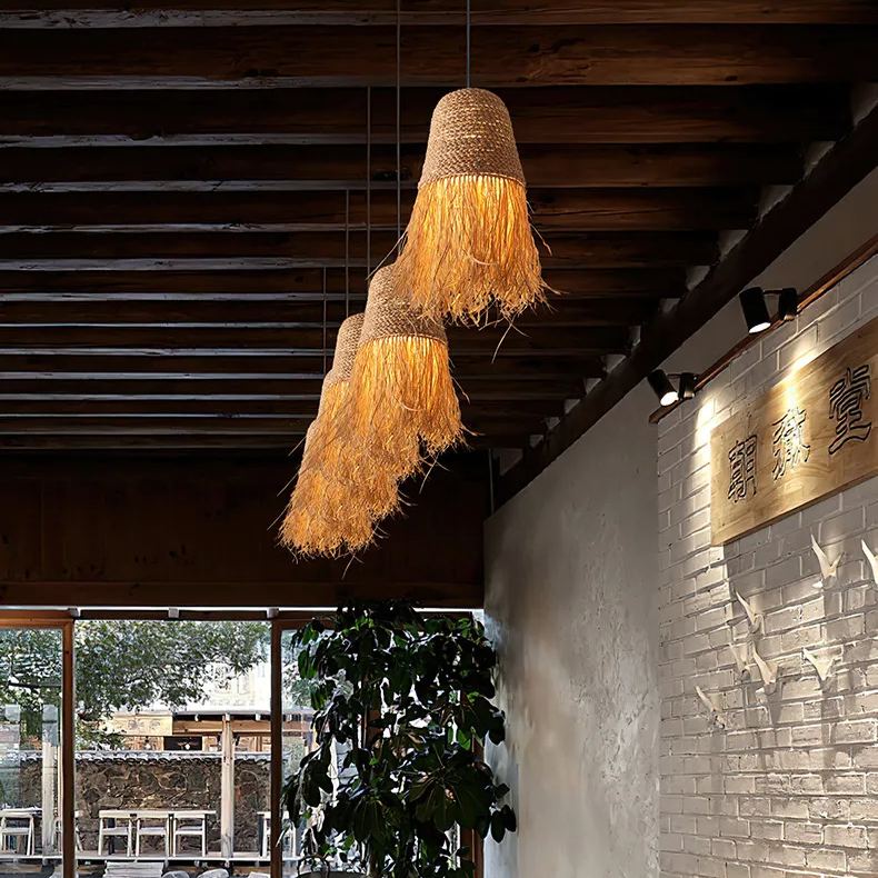 Pastoral style creative raffia straw hanging light shade