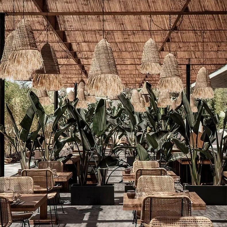 Pastoral style creative raffia straw hanging light shade