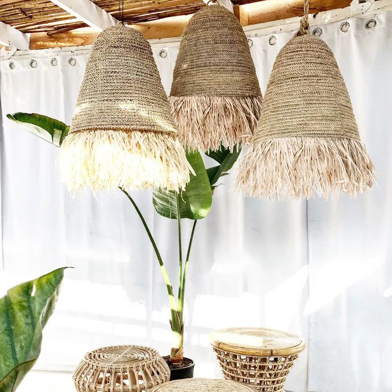Pastoral style creative raffia straw hanging light shade