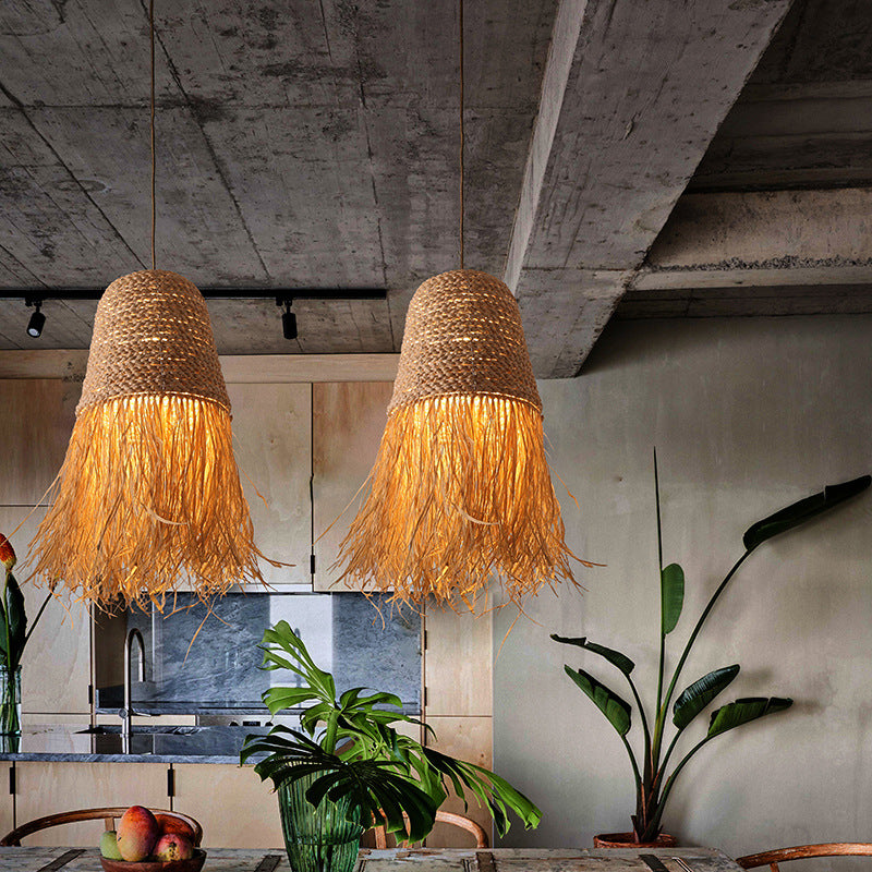 Pastoral style creative raffia straw hanging light shade