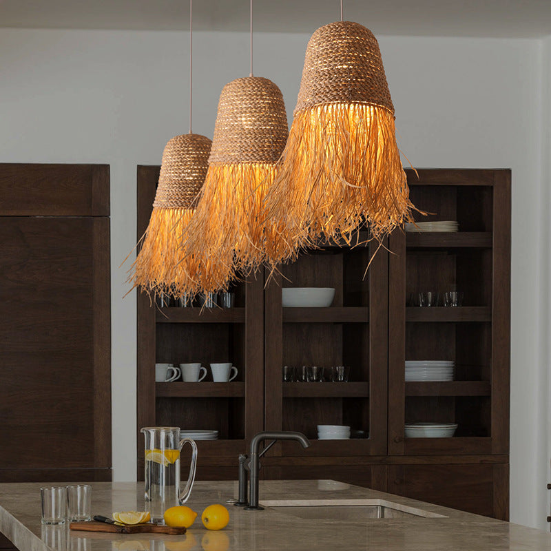 Pastoral style creative raffia straw hanging light shade