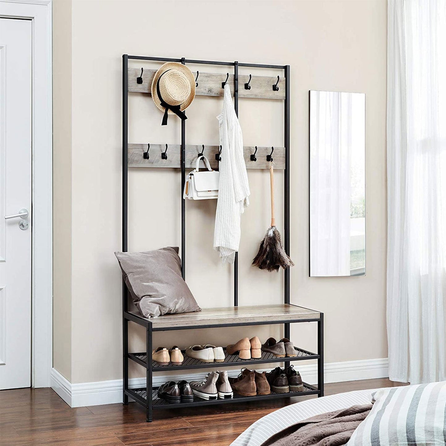 Gray Large Coat Rack Stand with 12 Hooks