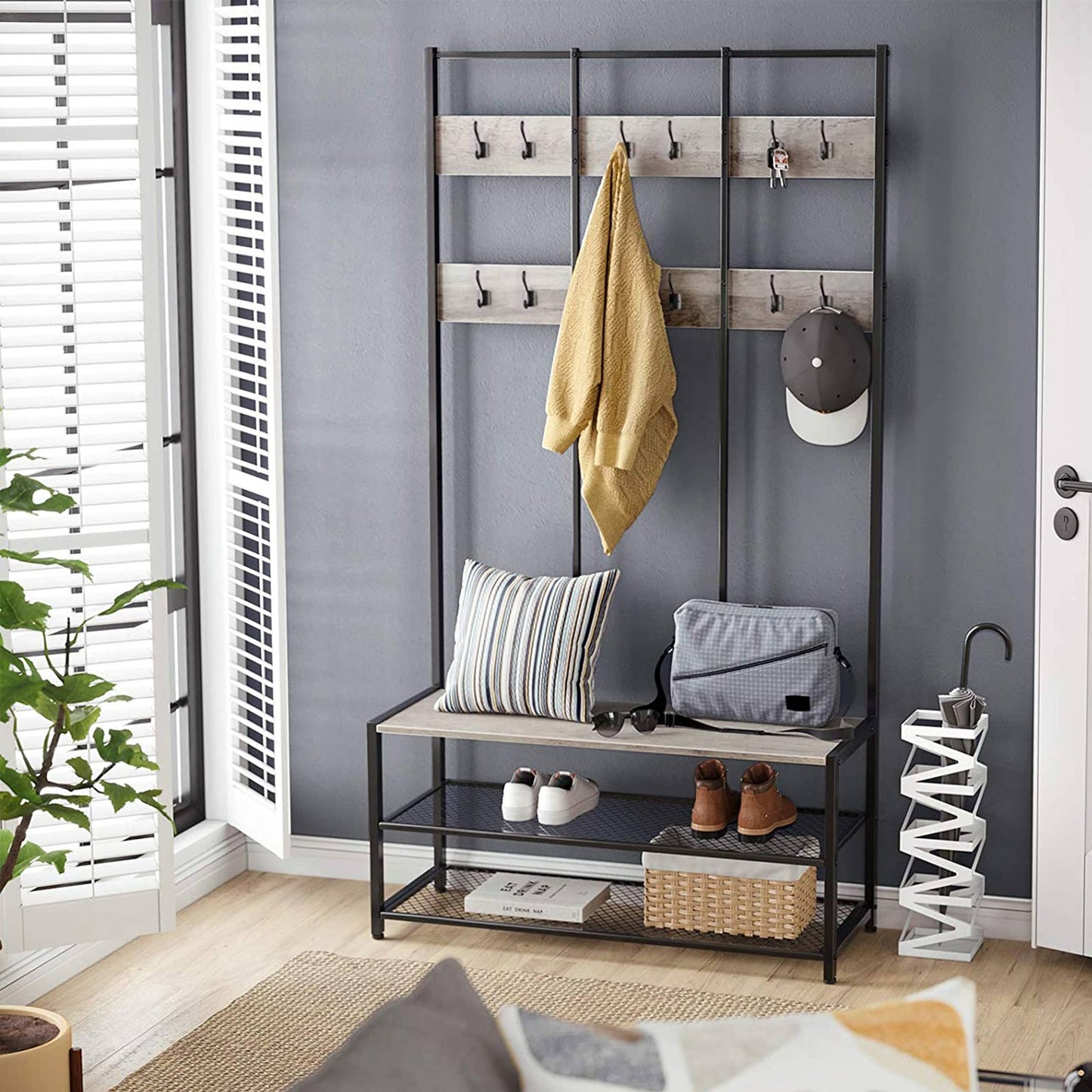 Gray Large Coat Rack Stand with 12 Hooks