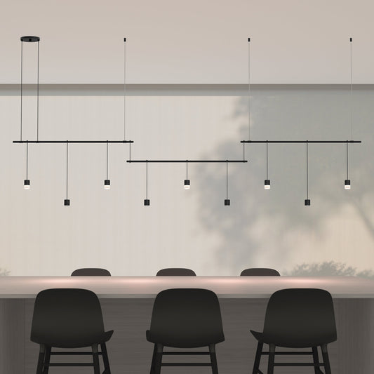 Suspenders Linear Offset Multi Light Pendant Light with Mixed Cylinder Luminaires