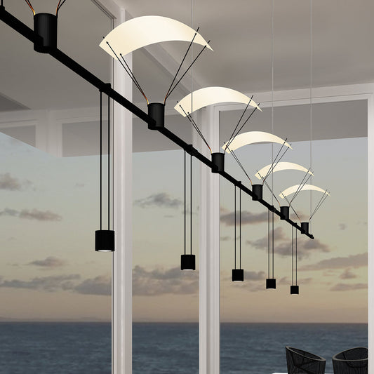 Suspenders Linear One Tier Multi Light Pendant Light with Parachutes and Suspended Cylinder Luminaires