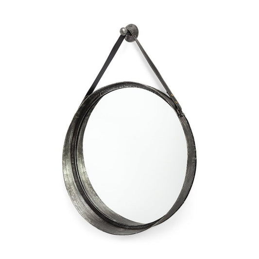 30" Round Black Metal Frame w/Leather Strap Wall Mirror - Novus Decor Wall Decor