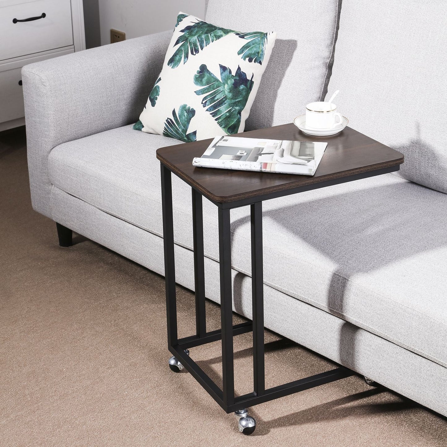 Dark Brown Side Table on Wheels