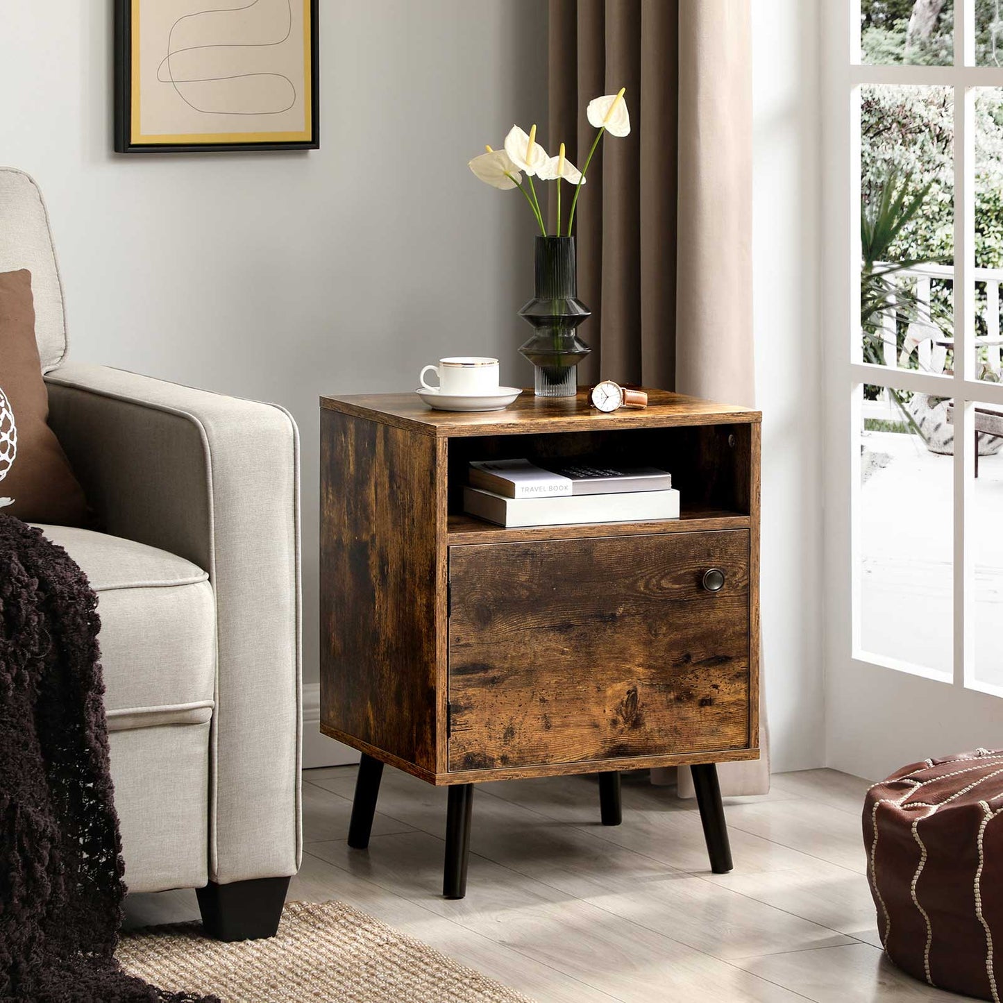 Sofa Side Table with Open Shelf and Cabinet