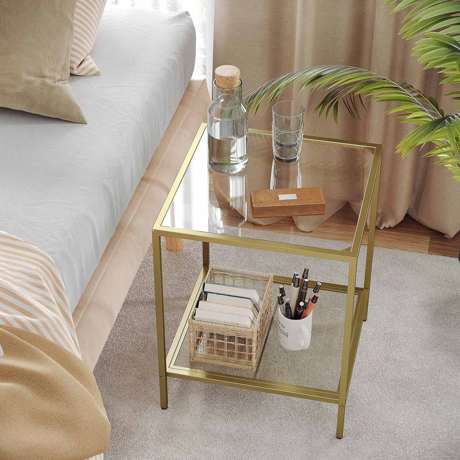 Gold Color Glass Side Table with Shelf
