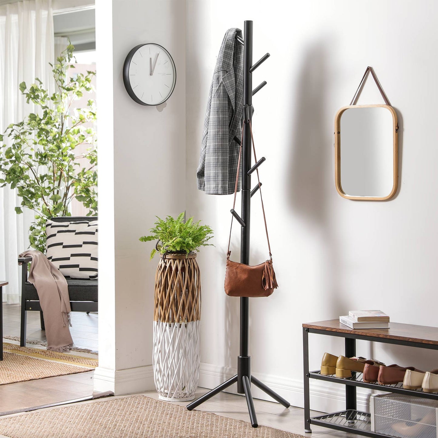 Solid Wood Coat Stand with 8 Hooks for Coats
