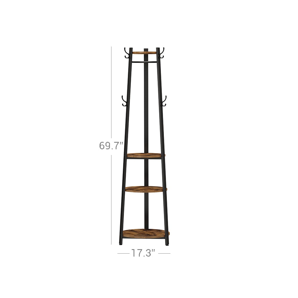 Coat Stand with 6 Hooks 3 Round Shelves